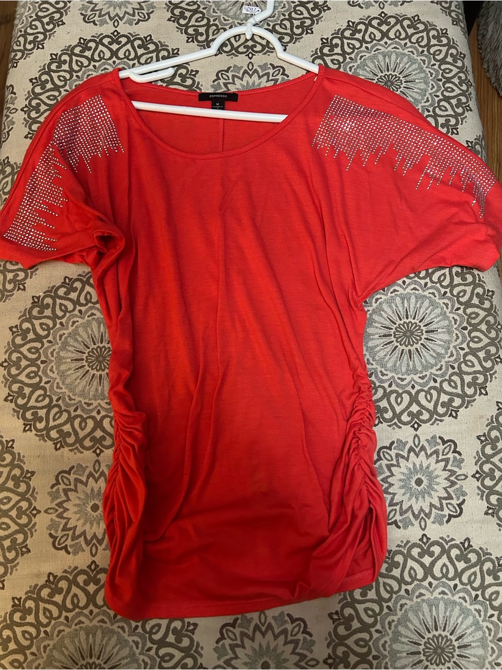 Espresso Red Short-Sleeve Tunic with Rhinestone Shoulder Detail